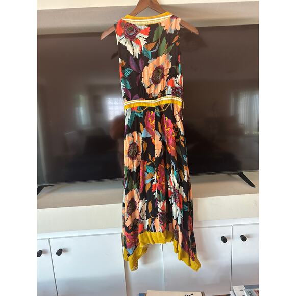 Maeve Anthropologie Vintage Floral Wrap Midi Dress Yellow Trim Size 0 XS - Picture 10 of 13